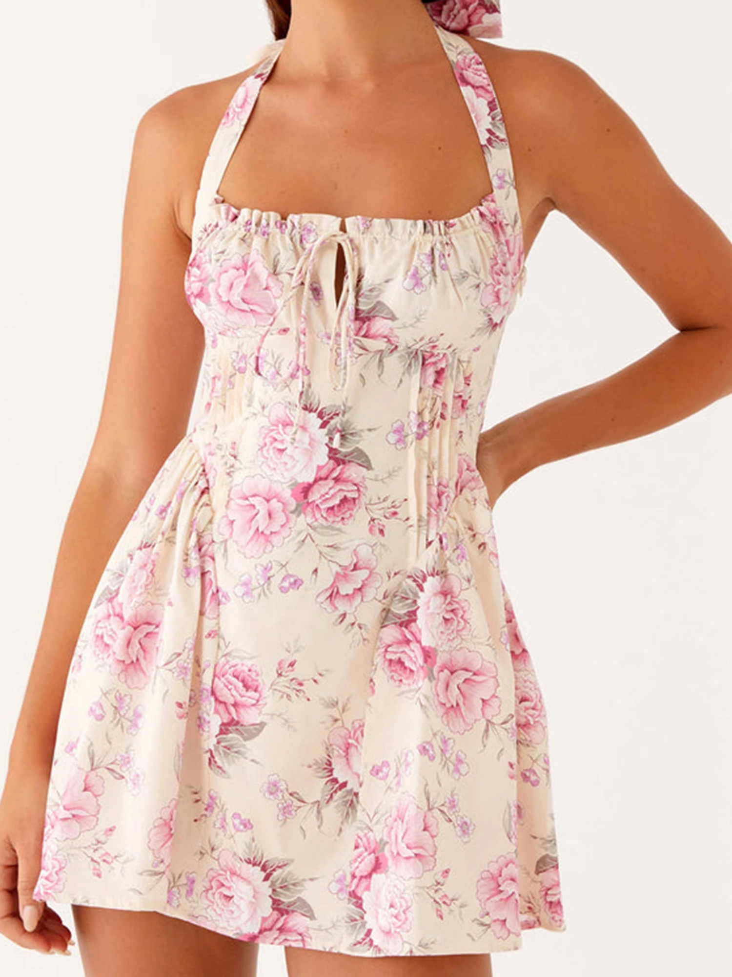 Mini robe Boho à imprimé Floral pour femmes, col licou, sans manches, dos nu, avec cravate sur le devant et Silhouette ajustée