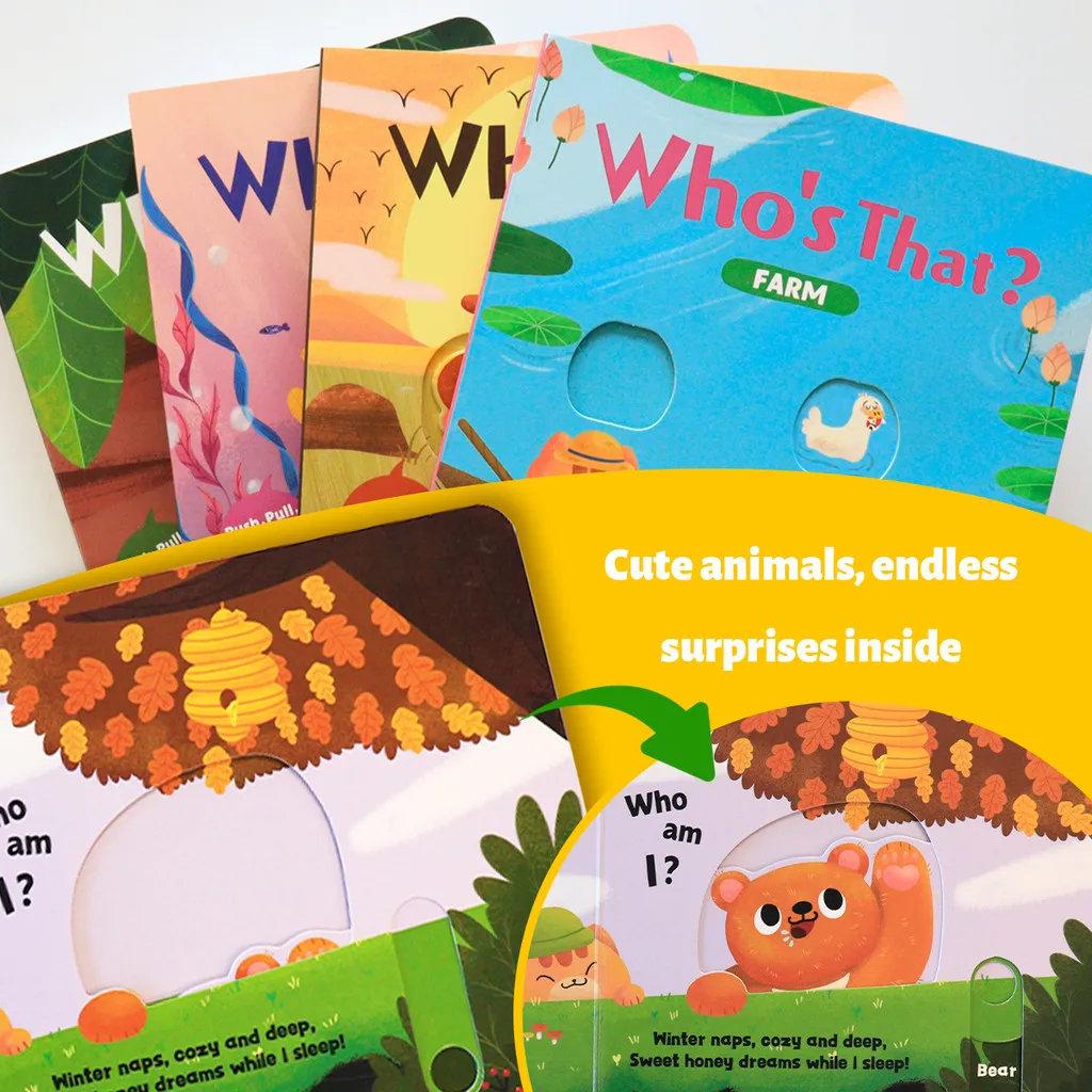 Who’s That? Push-Pull-Slide Board Books —4-Book Interactive Set for Toddlers & Preschool—Forest, Farm, Ocean & Grassland Animals view 6