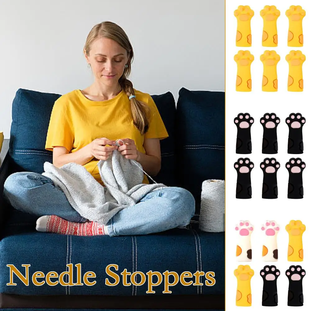 6pcs Cute Cat Paw Knitting Needle Stoppers Silicone Needle Knitting Protectors Point Anti-shedding Cap Weave Point Tool DIY B2W8