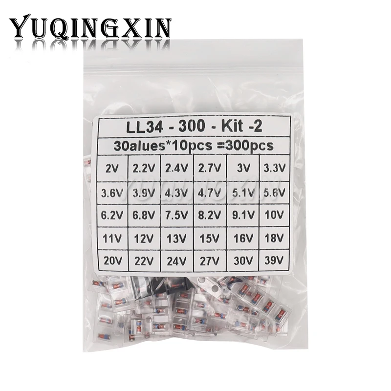 300pcs 1/2W SMD LL34 Zener Diode Assorted Kit 0.5W 2V - 39V 30Values Each 10pcs DIY Sample Set