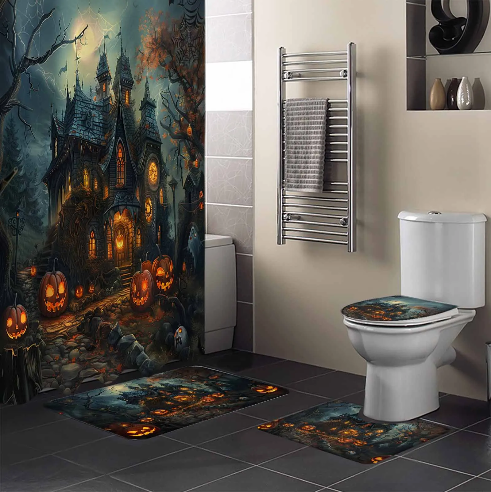 Halloween Castle Pumpkin Retro Shower Curtain Set Non-Slip Rugs Bath Mat Toilet Lid Cover Waterproof Bathroom Curtain