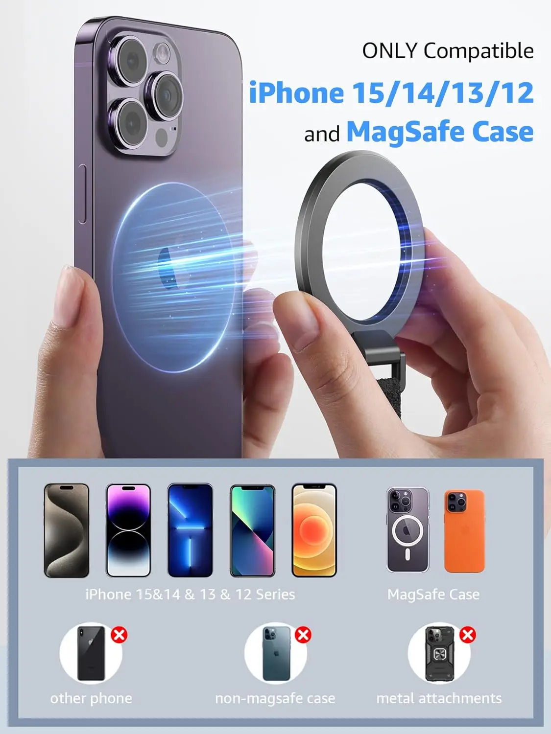 for MagSafe Phone Grip With Finger Strap, Detachable Magnetic Ring Stand With Stand Ring, for iPhone 15/14/13/12 MagSafe Access