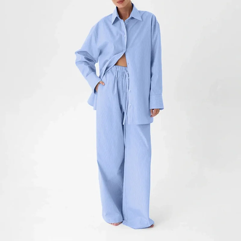 

Casual Fashion Striped Shirt Suit Women's Lapel Long Sleeve Cardigan Top Loose Trousers Two-piece Club Clothes Vestidos