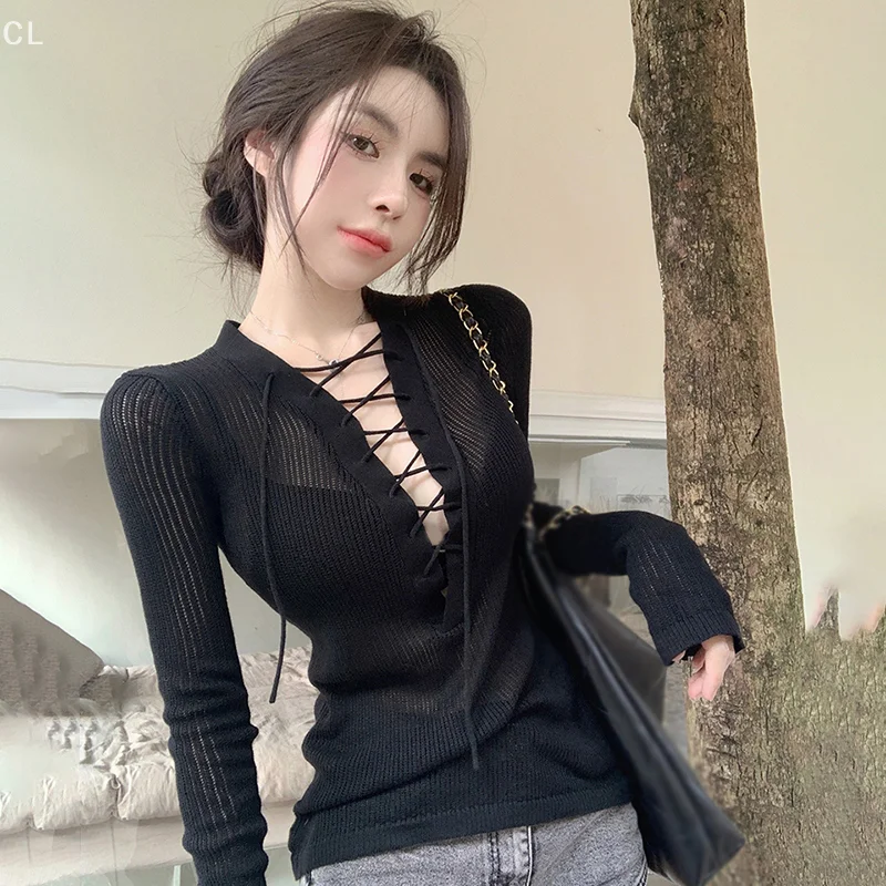 韓国ヴィンテージセクシーな V ネックレースアップ長袖薄いスリムニットトップ女性のための