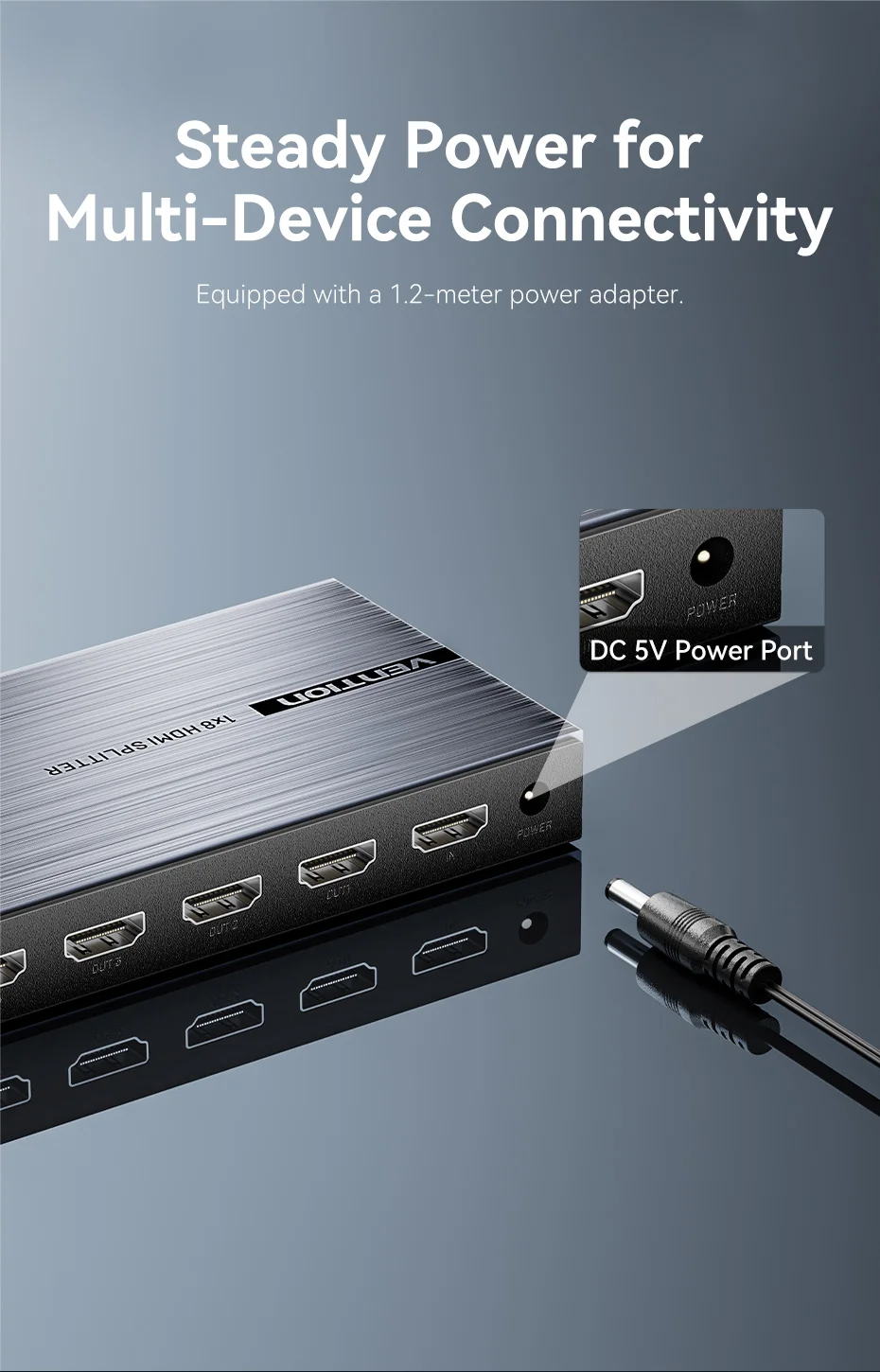 Intervention HDMI Splitter 1 in 8 Out Adapter 4k 60Hz HDMI 2.0 1x8 Umschalter mit Netzteil für TV Xbox PS4 Blu-ray Player HD-Kabel – Detail 10
