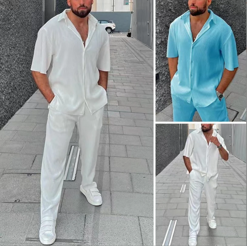 2024 Spring Summer Men's Solid Striped Suits Loose Turn-down Collar Short Sleeve Shirt And Pants Sports Oversized Two-piece Set