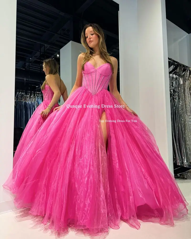 Qunque Tulle Fuchsia Customized Sweetheart Evening Dresses A-Line Celebrity Gowns Wedding Party Dress High Slit вечерние платья