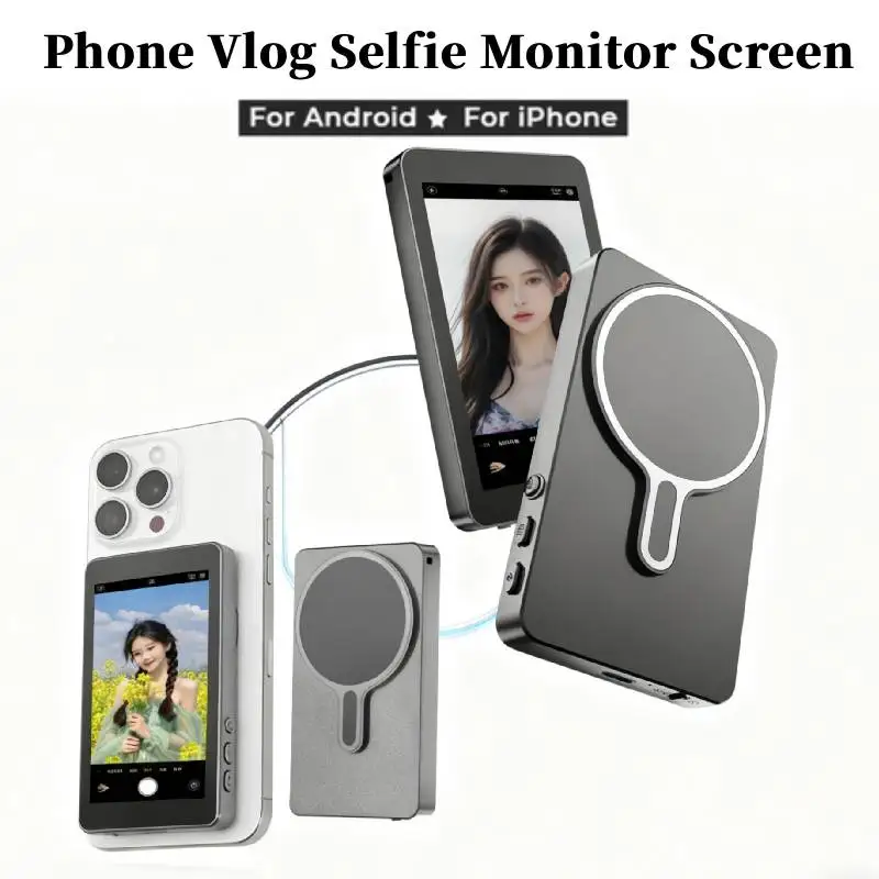 

New Mobile Selfie Wireless Screen Mirroring Device Magnetic Phone Rear Camera Monitor Screen for Android iPhone Vlog Live Stream