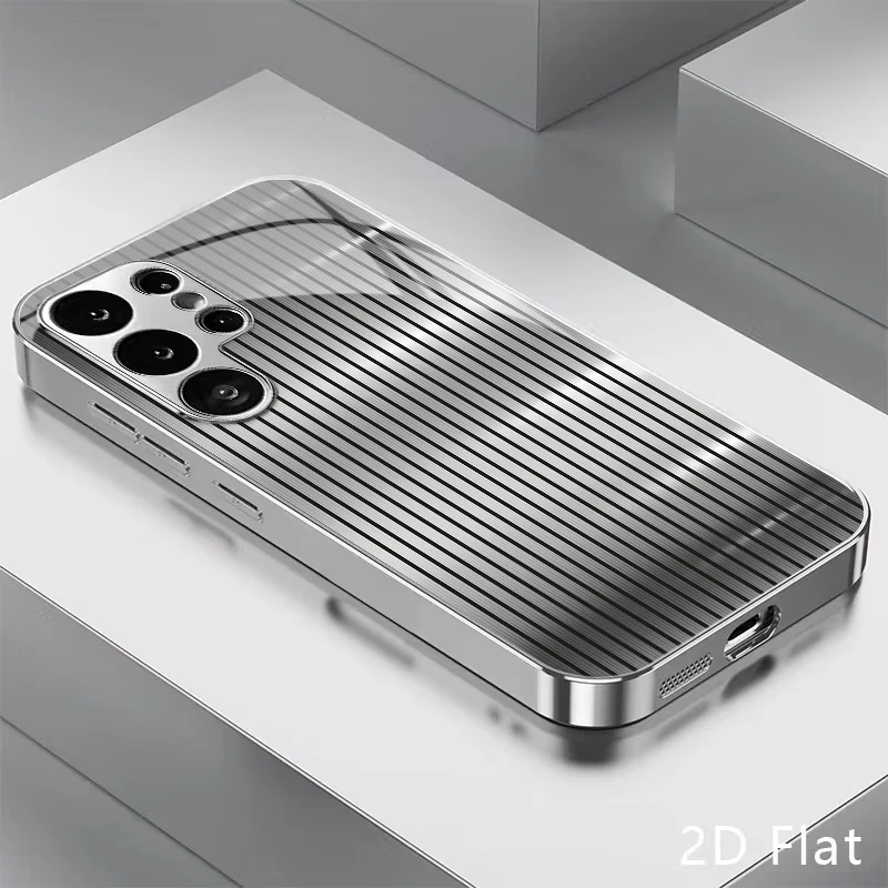 Silver Black Vertical Stripe Metal Ornament Pattern Electroplated Glass Phone Case for Samsung Galaxy S26 S25 S24 S23 S22 S21 FE