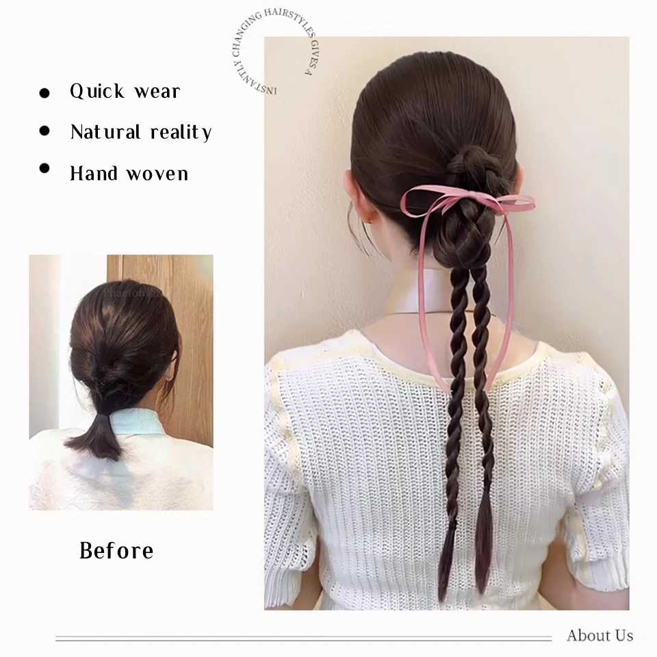 OLACARE Synthetic Long Braided Ponytail Hair Extensions for Women Black Brown Pony Tail with Hair Rope High Temperature Fiber