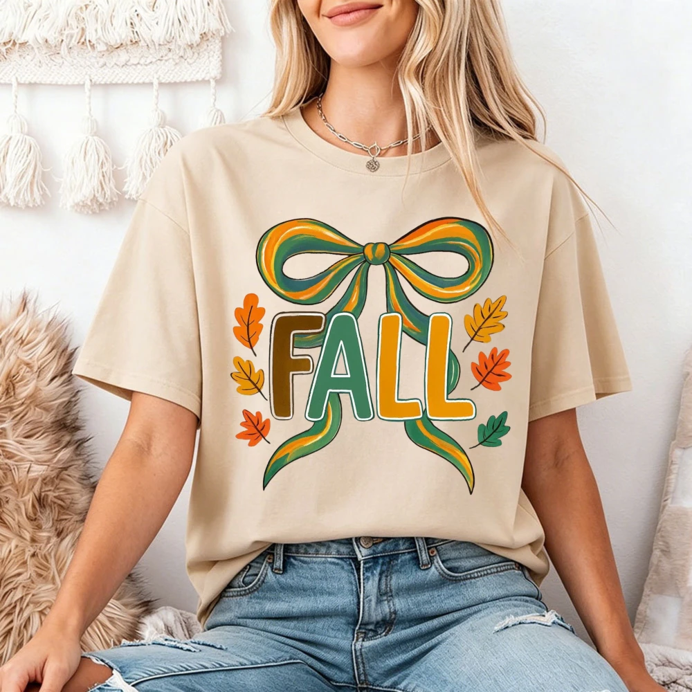 Herbstliches T-Shirt mit Schleifen- und Blättergrafik für Damen – Lässiges, trendiges Oberteil für den Herbst, gemütliches Streetwear-Alltagsoutfit