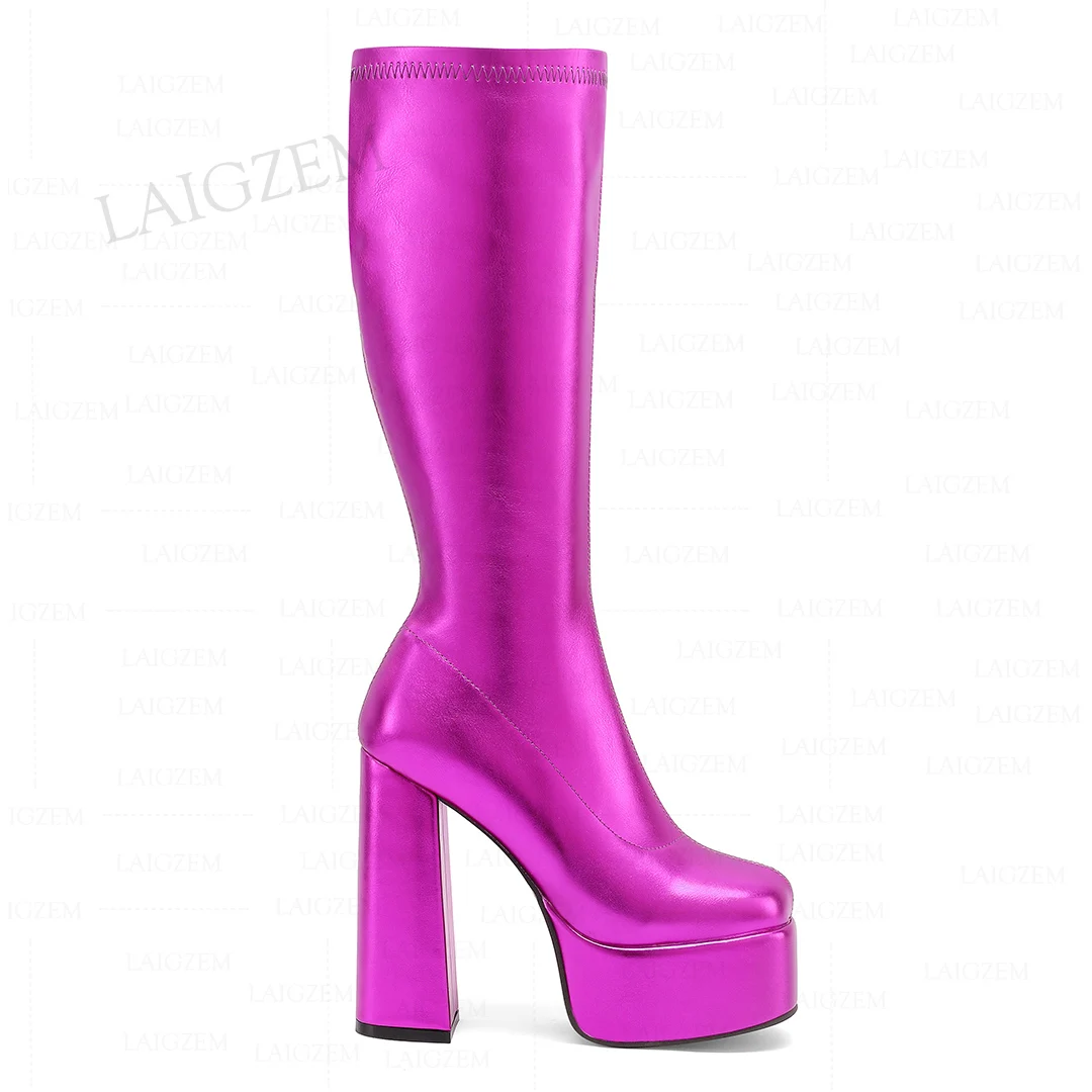 LAIGZEM Slim Fit Women Knee High Platform Boots Elastic Thick High Heels Pull On Metallic Boots Shoes Woman Big Size 36 39 41 43