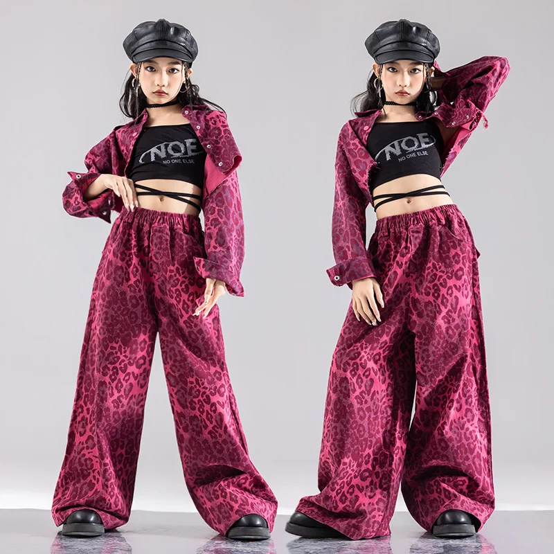 Girls Hip Hop Crop Jacket Cargo Pants Kids Street Dance Cargo Leopard Pant Clothes Set Children Wasteland Punk K-pop Costumes