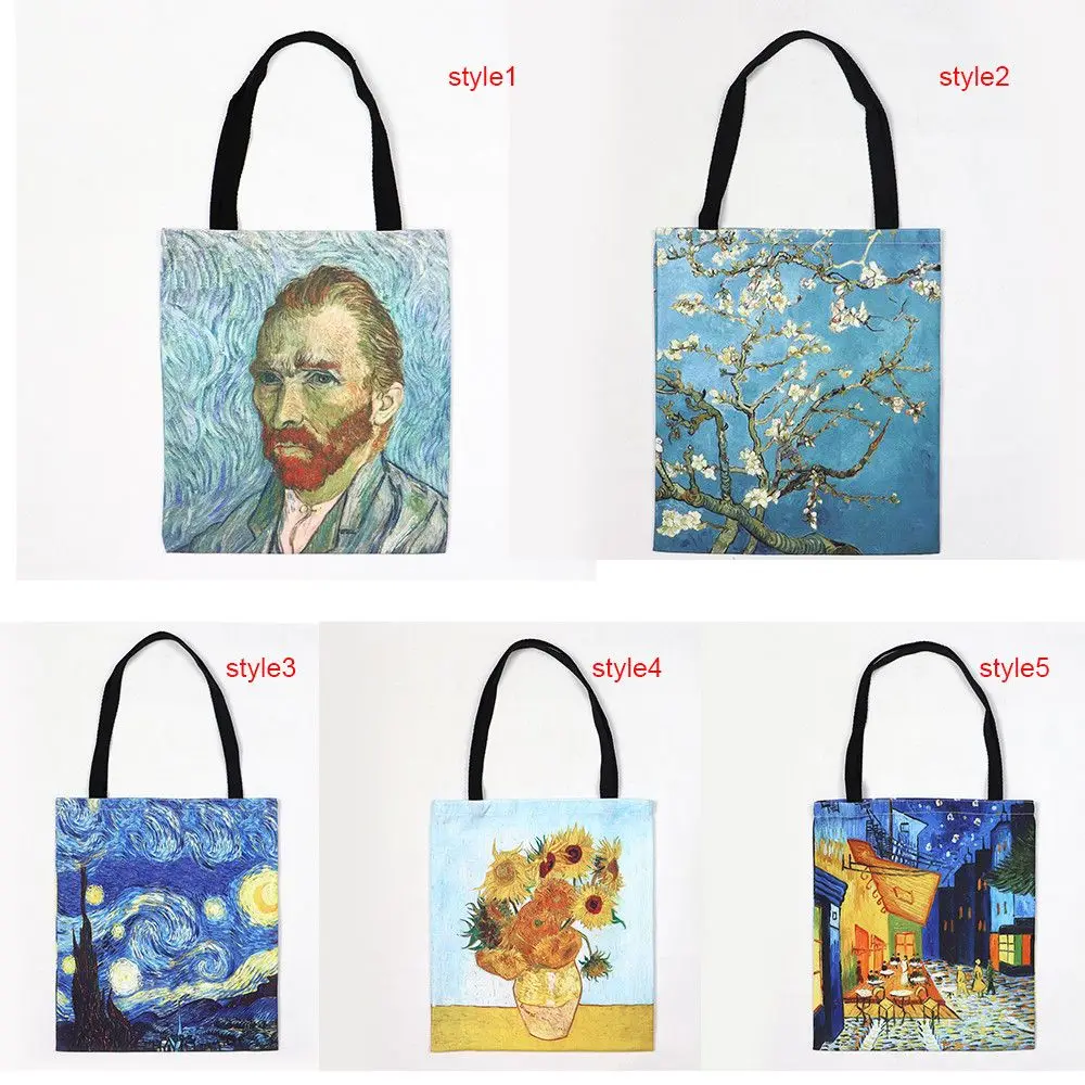 1Pc Van Gogh Shopping Bag Big Tote Harajuku Shopper Bag Women Canvas Shoulder Bag Female Ulzzang Funny Eco Large-capacity