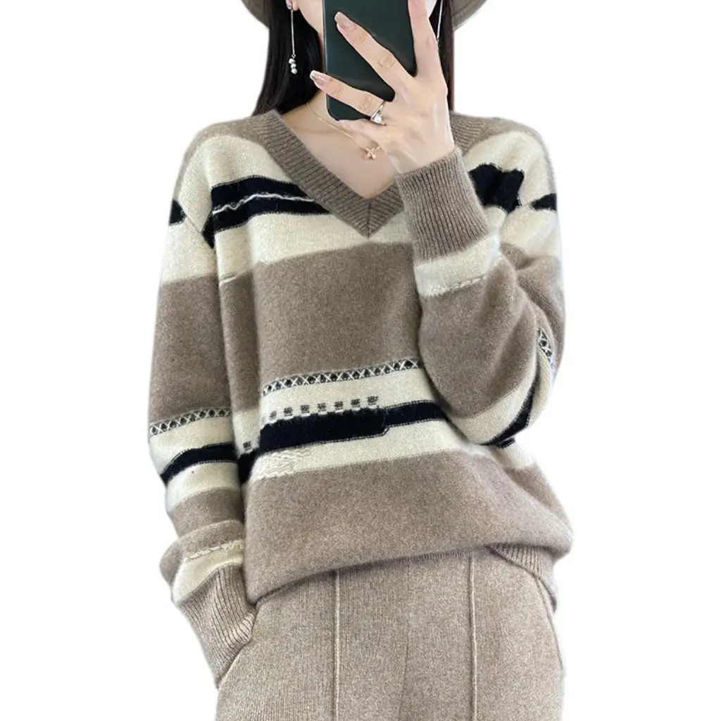 

Women's Autumn Winter Contrast Color Striped Wool Blend Long Sleeve Knitted Sweater Slim Fit Base Shirt All Match Lazy Top
