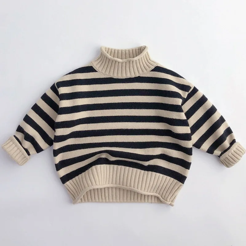 

Children Autumn Thicken Knitted Sweater Curly Turtleneck Baby Classic Stripe Pullover Boys Girls Winter Toddler Casual Clothing