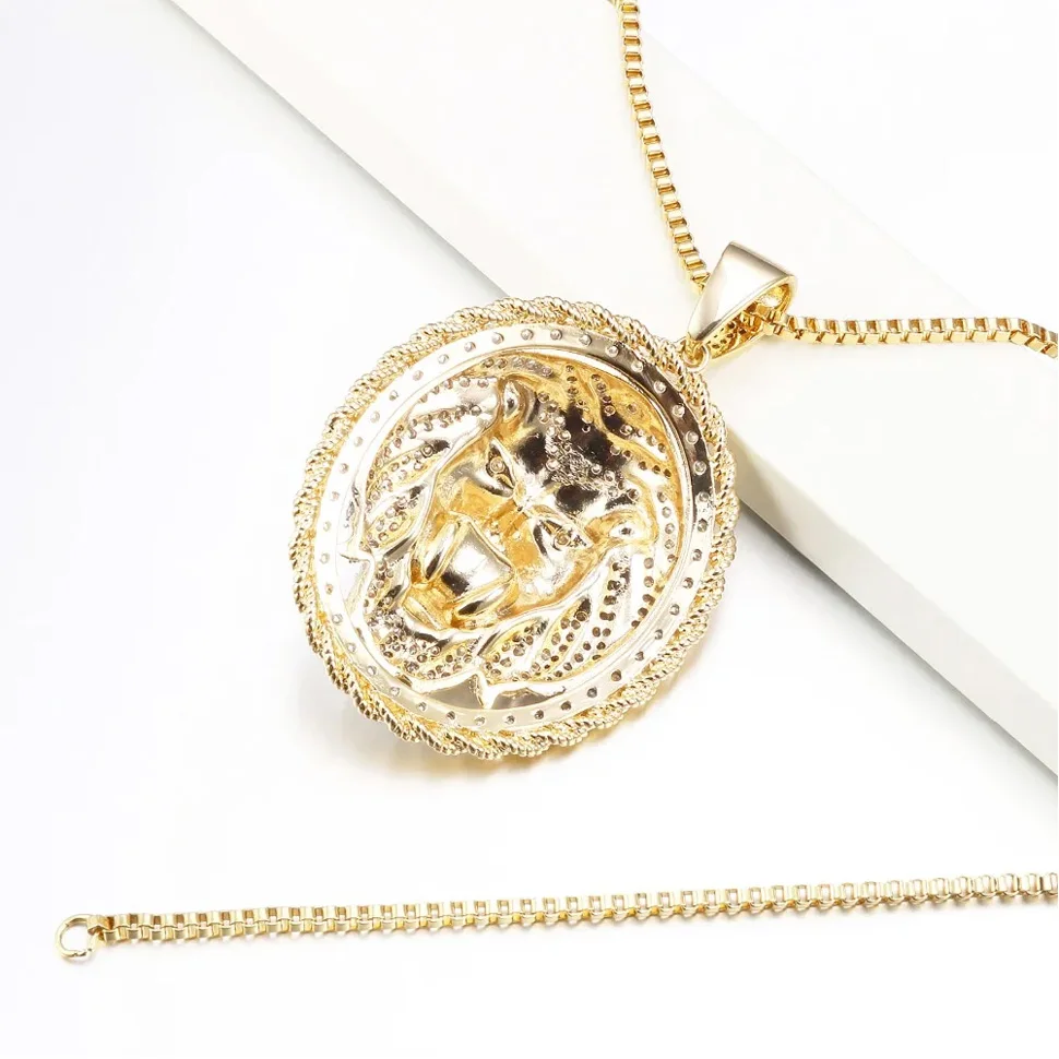 VANAXIN Lion Head Round Paved Pendant Necklace Animal King Vintage Gold Silver Color Hiphop Chain For Men Red CZ Eye Jewelry