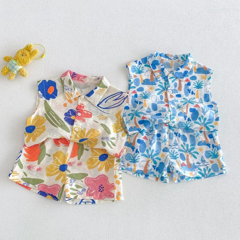 Boys Beach Vacation Suit 2026 New Summer Baby Full Print Sleeveless Shirt Korean Fashion Shorts Two-piece Set 9M-5T
