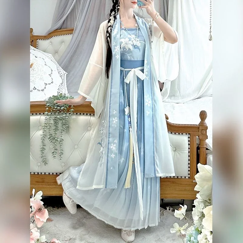 2024 Hanfu Dress Women Chinese Traditional Printed Hanfu Student Halloween Cosplay Costume Hanfu Blue 3pcs Sets