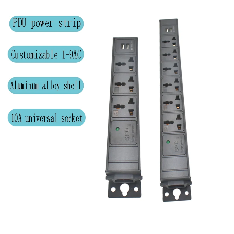 

PDU power board aluminum alloy shell C14 port universal socket 1-9AC with surge protection 2USB
