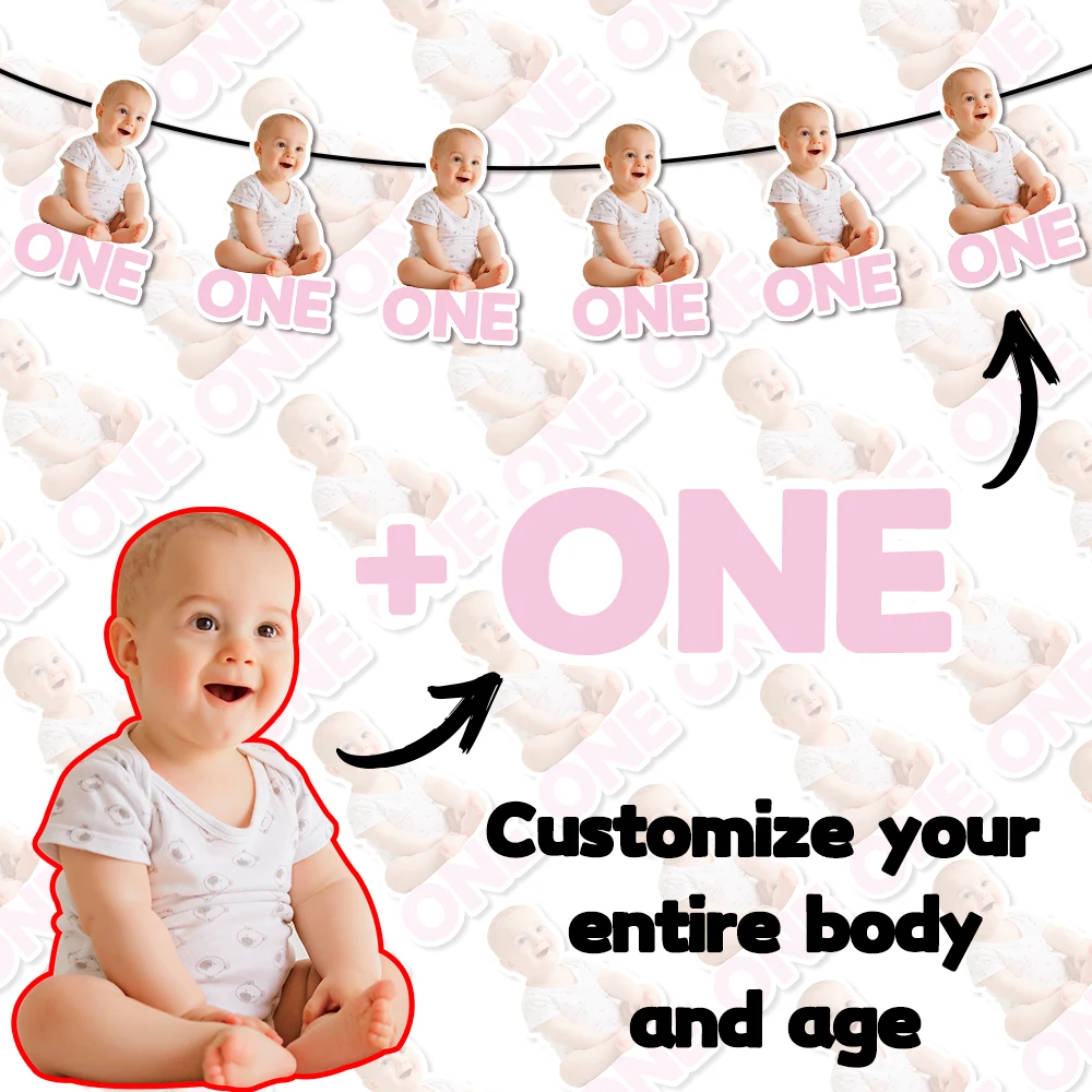 8-teiliges Individuelles 1. Geburtstag Foto-Banner, Personalisiertes Baby-Gesicht Foto-Wimpelkette, Kleinkind Einjähriges Geburtstags-Party-Dekor – Detail 2