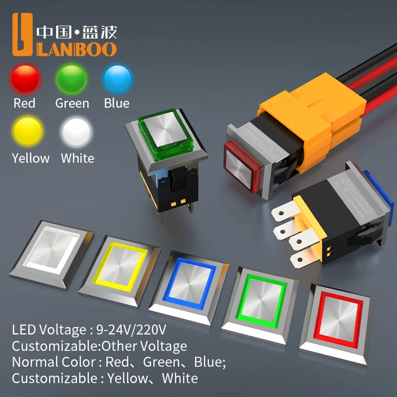 LANBOO 19*13 Square Plastic Push Button Switch/2NO- 4 Pin Instantaneous/Self-locking Available Colors:Red,Green,Blue,Yellow