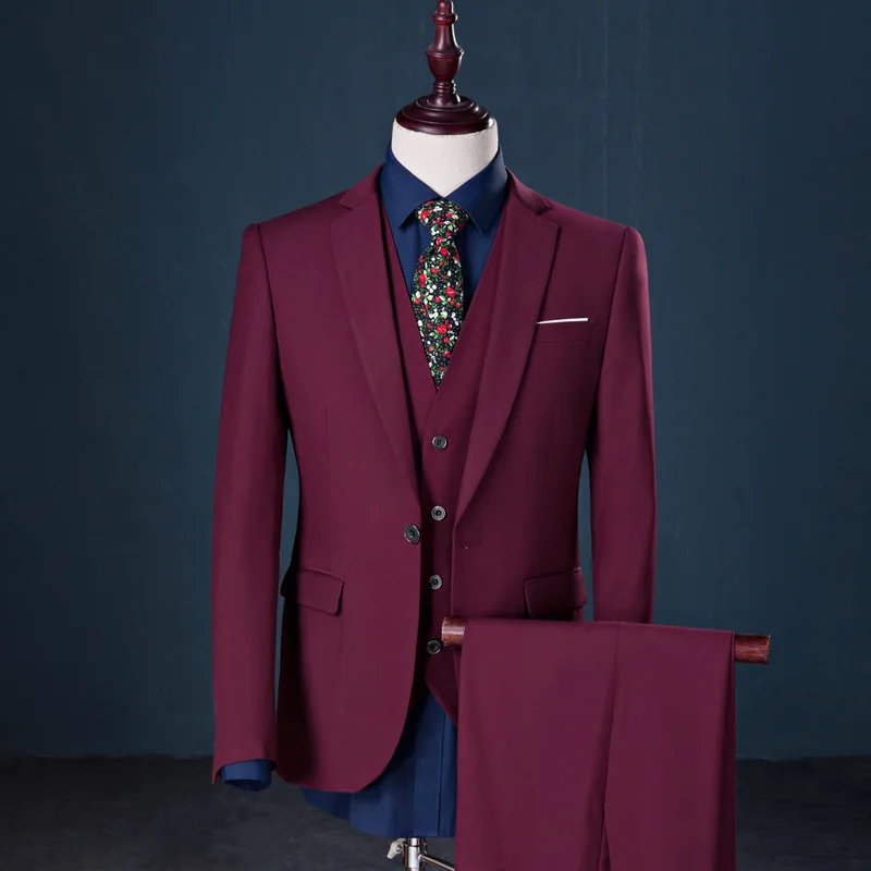 

KIDWHXR Man Suit Set British Style Single-breasted Slim Male Outfit Simple Solid Color Long Sleeve Wedding Men 3-piece Suits