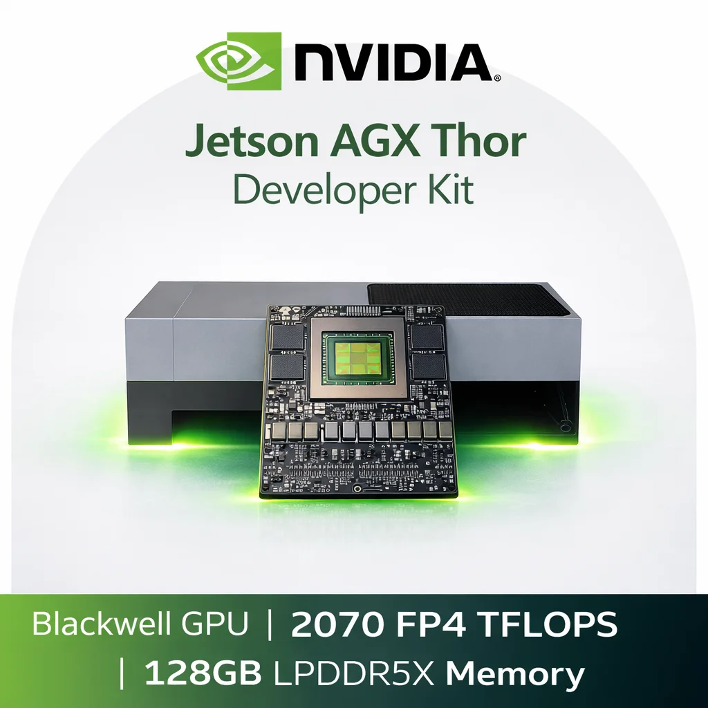 Kit de desarrollo NVIDIA Jetson AGX Thor, con una GPU Blackwell, 2070 FP4 TFLOPS de potencia de cálculo y 128 GB de memoria LPDDR5X.