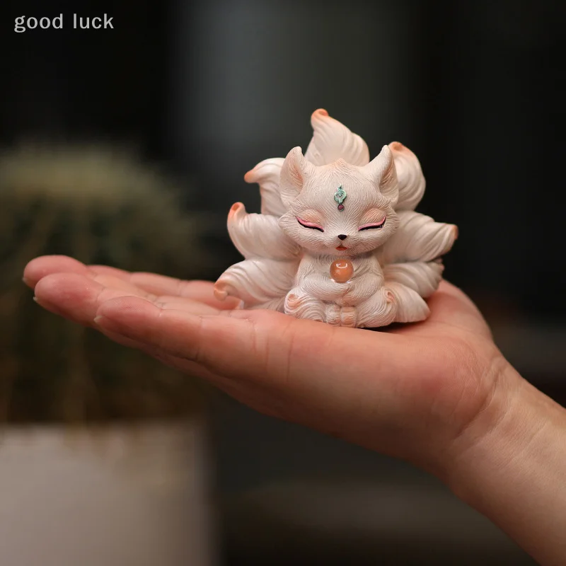 Cute Nine-tailed Fox Miniatures Statue Bedroom Desktop Figurines Ornaments Bionic Art Aesthetic Home Decor