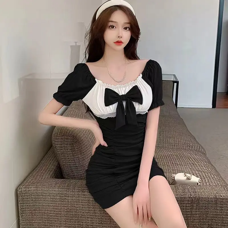 Vintage Bow Bodycon Dresses Women Summer Short Sleeve Skinny Mini Vestidos Korean Y2k Clothes Sexy Ladies Streetwear Pink Dress