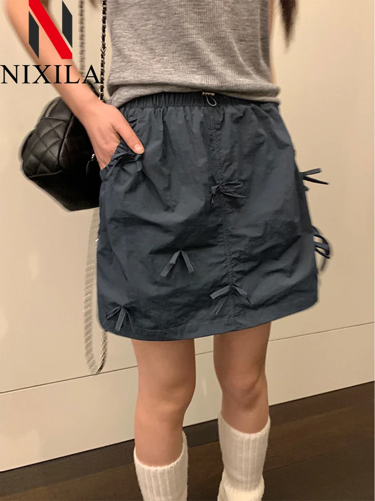 

New in Summer Bowknot Skirts for Women Elegant Retro Maxi Short Skirt 2024 Trend Korean Fashion Academic Style Female Clothing