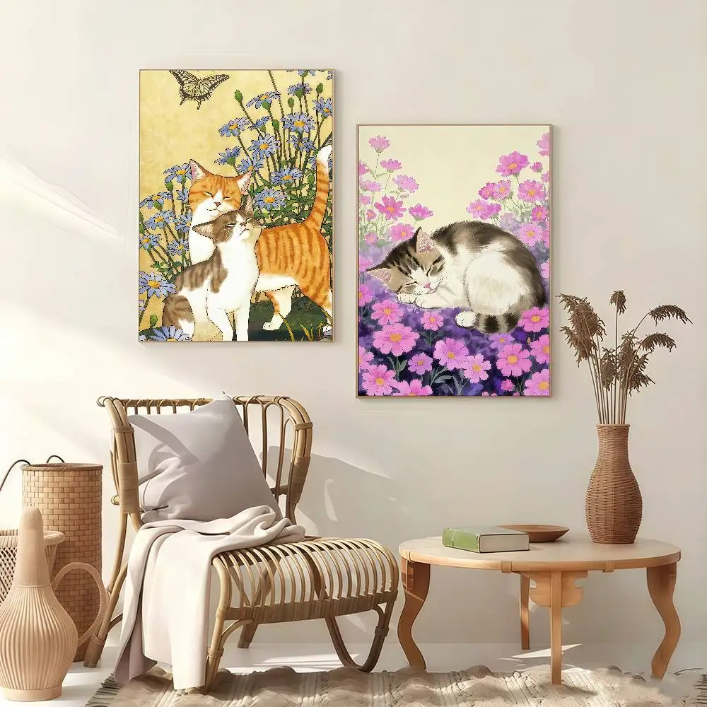 Fashion Cute Kitten Kawaii Cat Flower Poster Self-adhesive Art Waterproof Paper Sticker Coffee House Bar Room Wall Decor