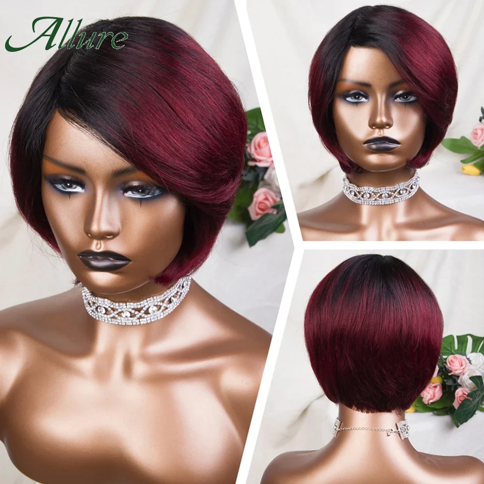 

Короткий прямой парик-боб Allure Burgundy Red 99J с челкой и боковым пробором, из натуральных перуанских волос, для чернокожих женщин.
