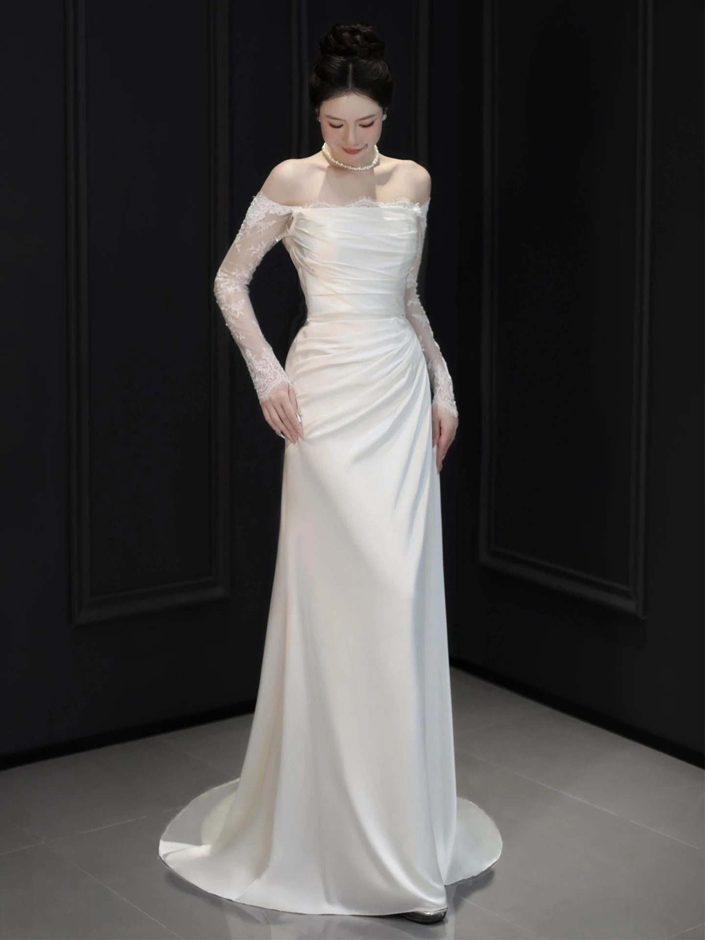 

Ele Lace Long Sve Light Wedding Dr Satin Fabric One oulder Fi Tail Gown for Bride Outdoor Sensation Fairy T ...