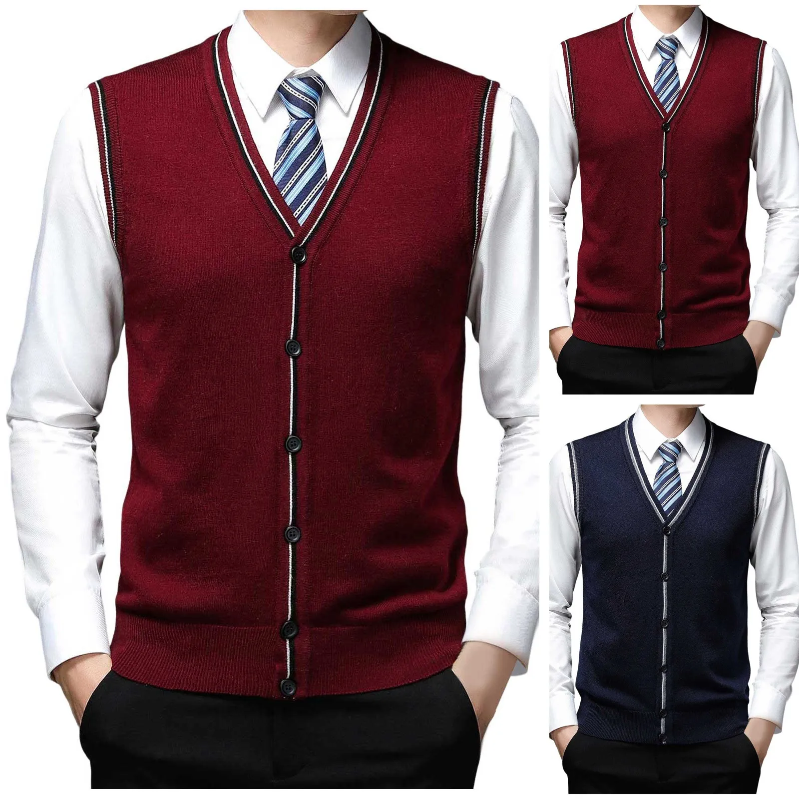 

New Men's Buttons Up Knitwear Spring & Autumn V-Neck Sleeveless Wool Sweater Casual Male Vest Knit Cardigan Winter Warm Top