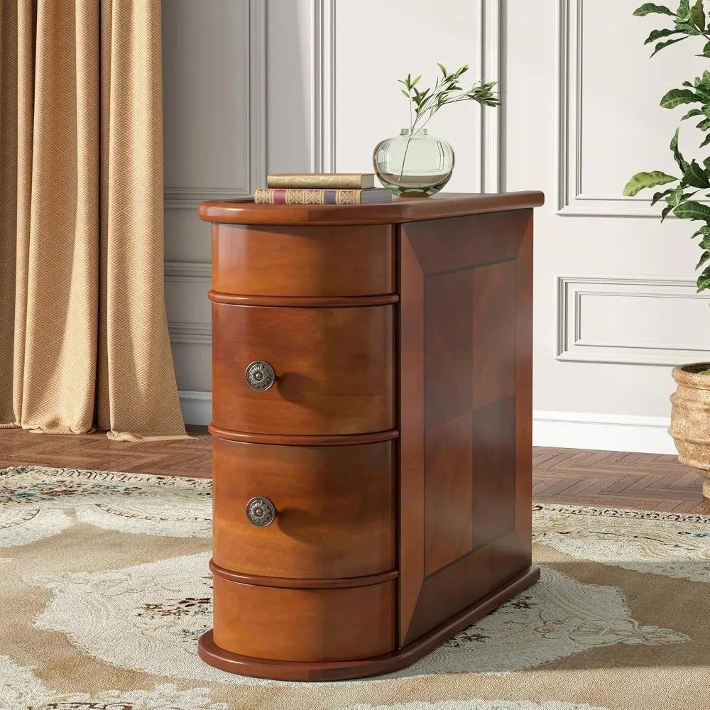 

Wood End Table, 2-Drawer Narrow Side Table Slim Chair Solid Side Table, No Assembly Required, Finished Back