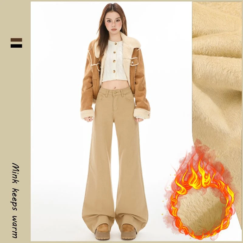 ZHISILAO Winter Fur Flare Jeans Women Vintage Casual Warm Thick Cotton Stretch Khaki Denim Pants 2025