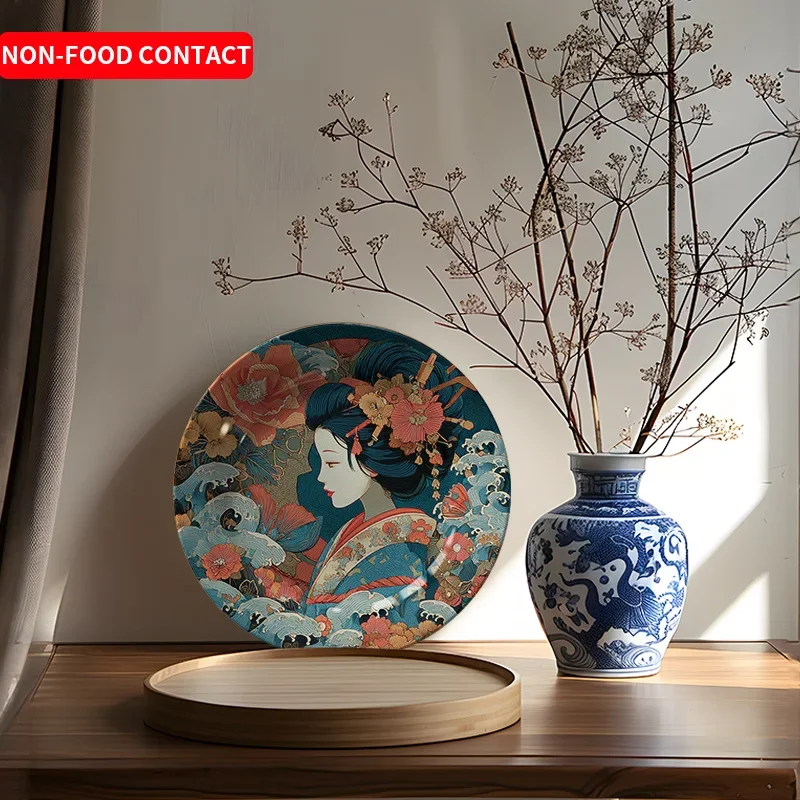 Japanese Kimono Woman Floral Decorative Plate, Non-Food Contact Ceramic Ornament, Home Desktop Decoration, Perfect Gift for