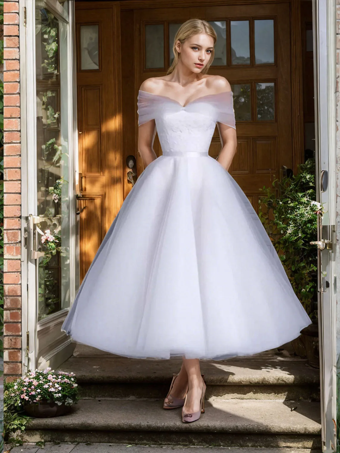 

Elegant Ball GownReception Bridal Gown Off Shoulder Lace Tea Length Cap Sleeve Casual White Wedding Dress 2025 Free Customized