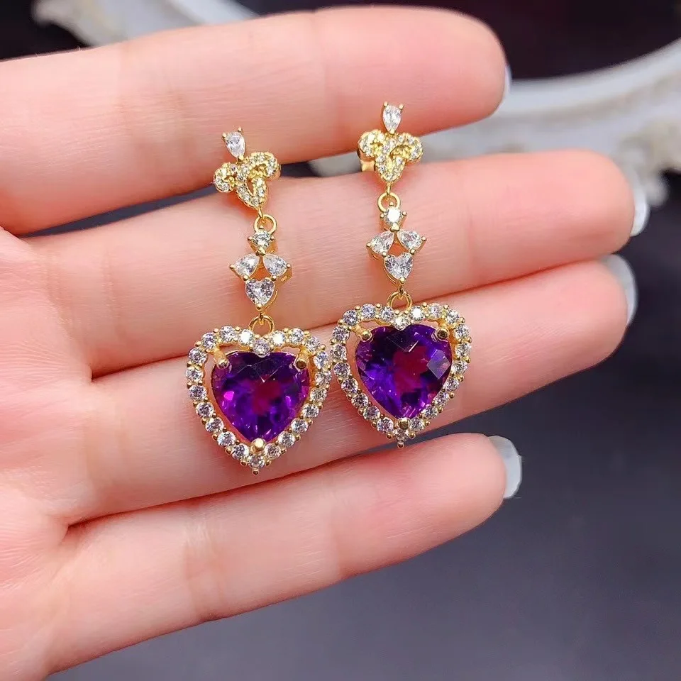 

Romantic Heart Crystal Earrings for Wedding 10mm Total 8ct Natural Amethyst Drop Earrings with 3 Layers 18K Gold Plated