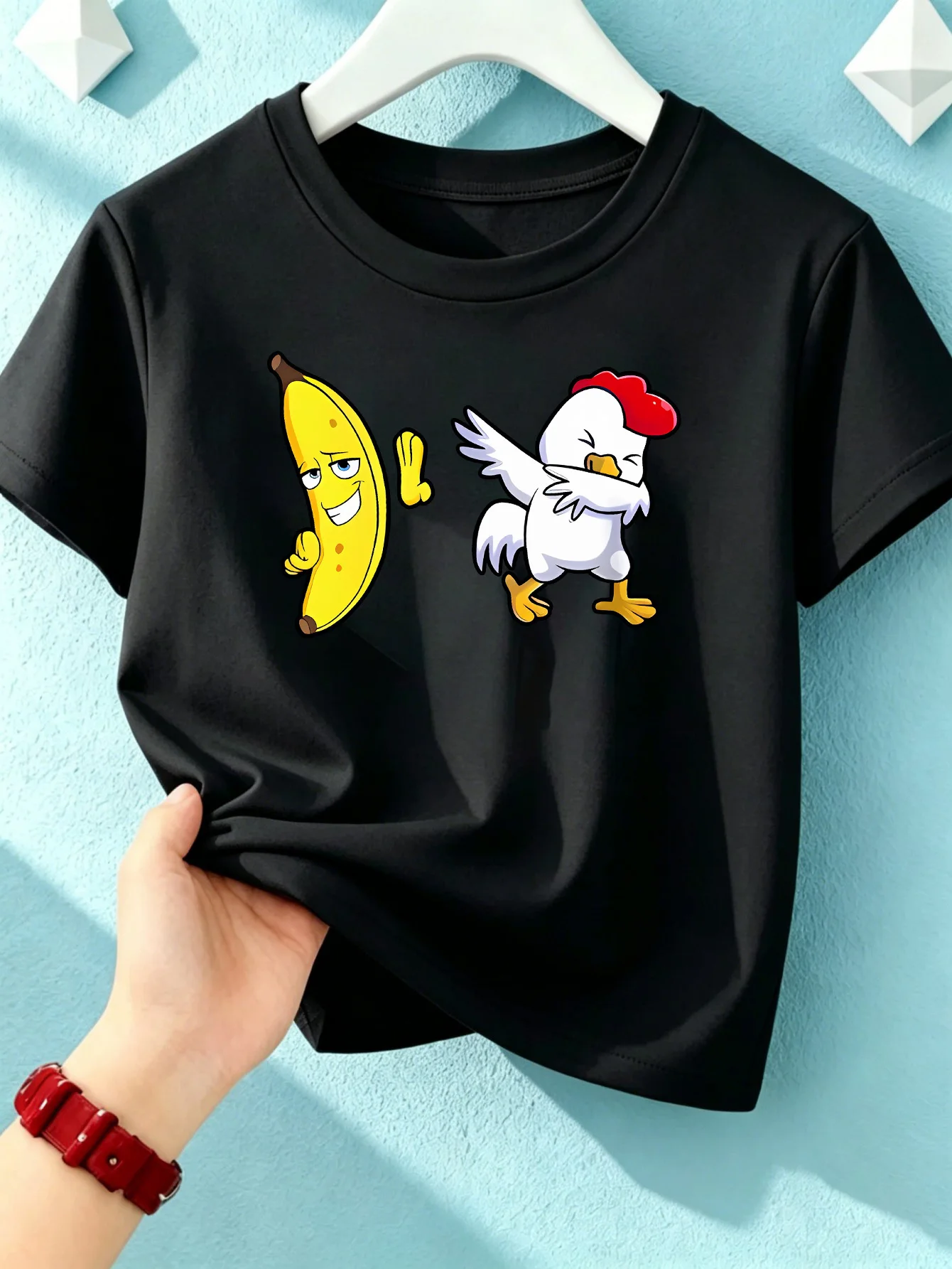 Funny Dabbing Banana And Chicken Cartoon Kids T Shirt Boys Girls Short Sleeve Crew Neck Cotton Parent Matching Top Toddler Youth