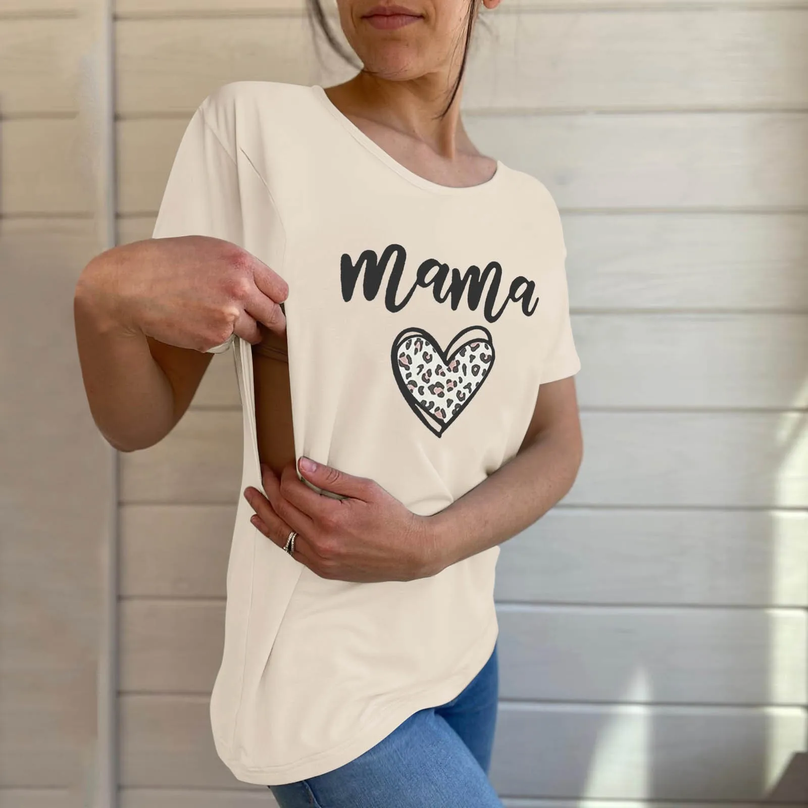 Dames bedrukt effen kleur ademend T-shirt Dames moederschap voedingsshirt Mama shirt Zip moederschap borstvoeding tops