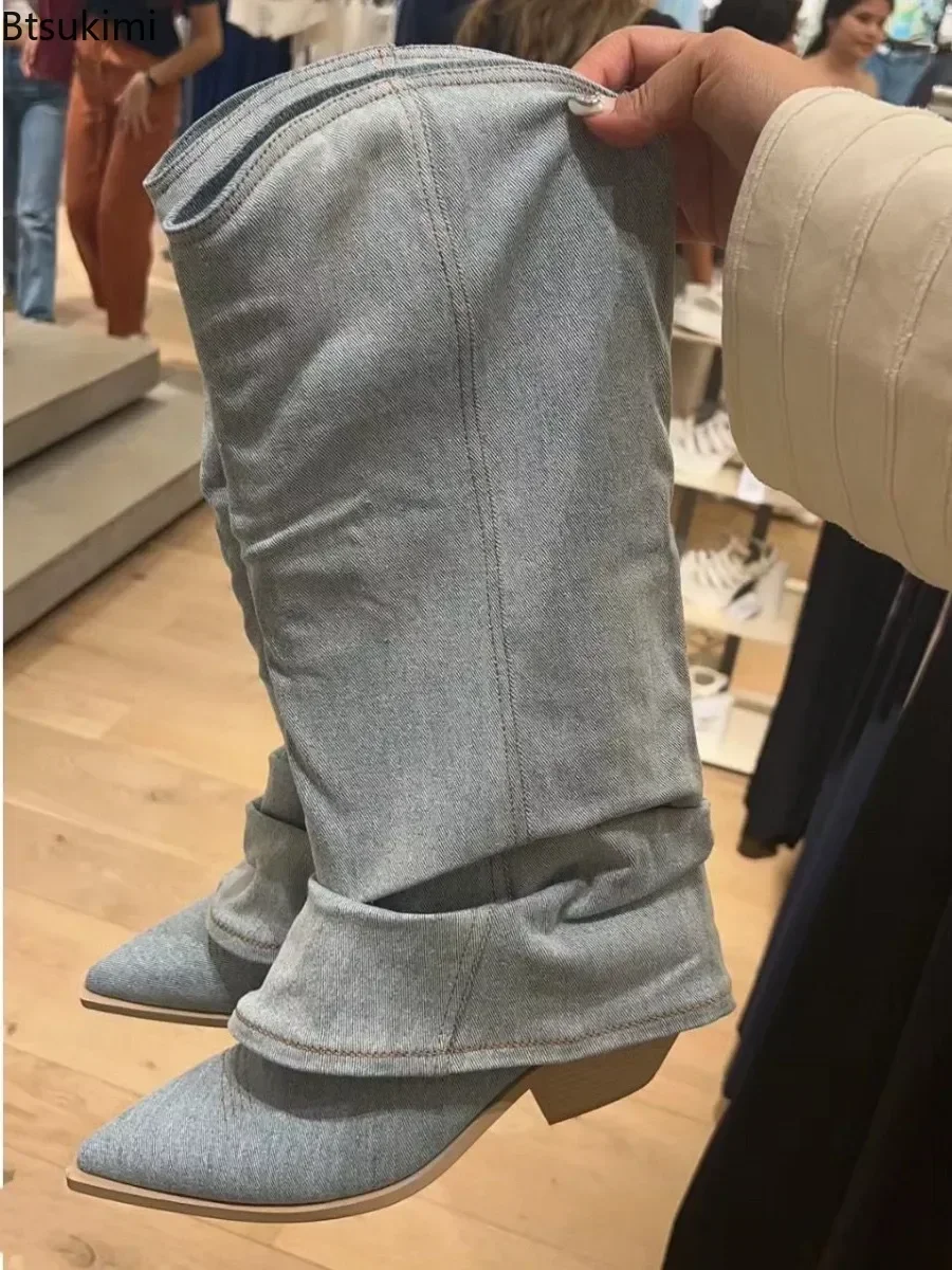 2024 Women's Denim Jeans Long Boots Pointed Toe Vintage Long Boots Female Autumn Winter Girls Knee-High Club Party Long Boots