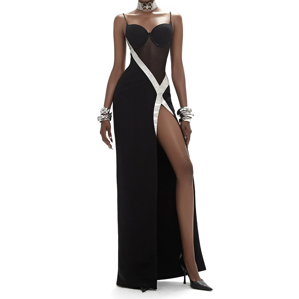 

Sexy Straight Floor Length Strapless Spaghetti Straps Jersey Sleeveless Pleats Evening Dress Classic Front Slit فساتين سهرة