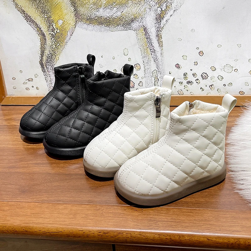 

Kids Snow Boots Toddler Quilted Ankle Boot White Side - Zip Warm Comfort Kid Winter Footwear Baby Girl Boots Boy Shoes size15-25
