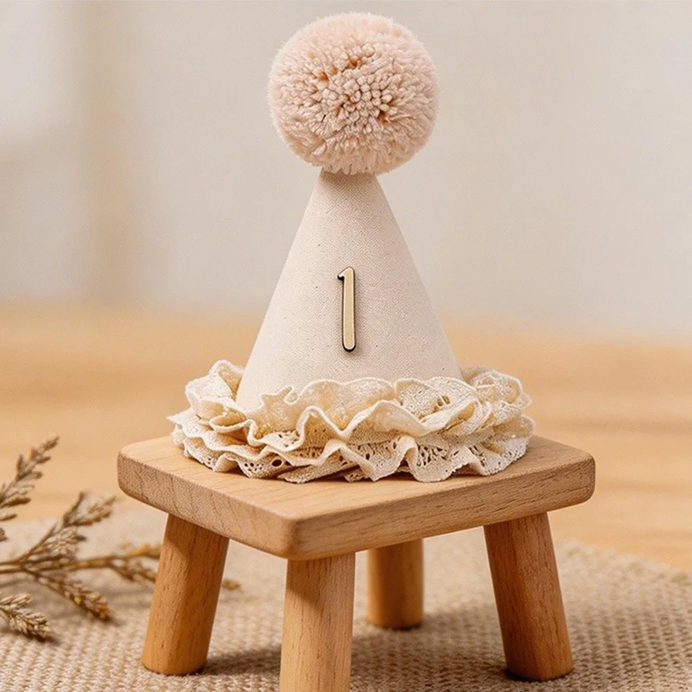 New Sweet Birthday Hat Handcrafted Pom Pom Neutral Color Princess Birthday Hat Lace Ruffle Hat Birthday Decoration