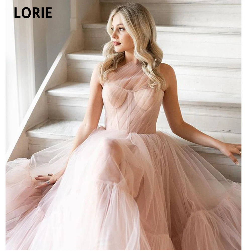 

LORIE Pink Tulle A Line Prom Dresses 2022 One Shoulder Tiered Beach Sexy Party Evening Gowns Women Formal Dress Robe De Soiree