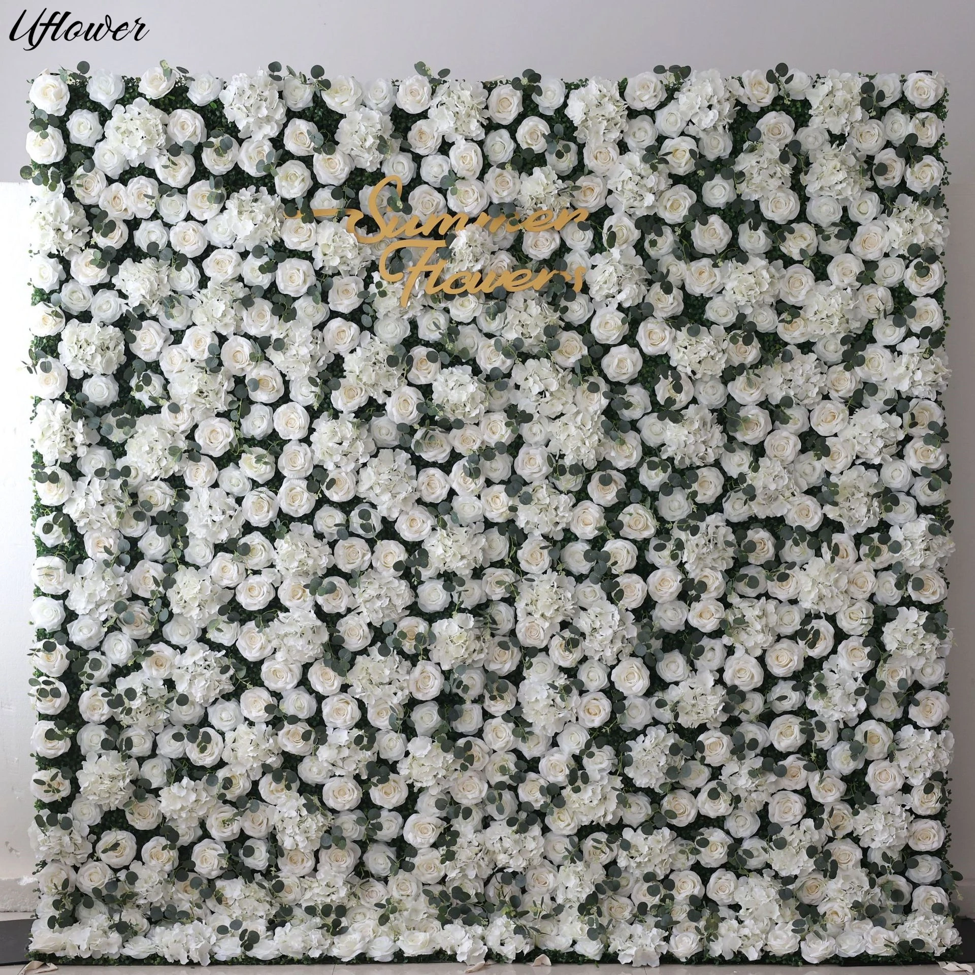 

Uflower White Roses Green Eucalyptus 3D Artificial Mixed Plant Flower Wall Outdoor Wedding Background Decoration Birthday Stage