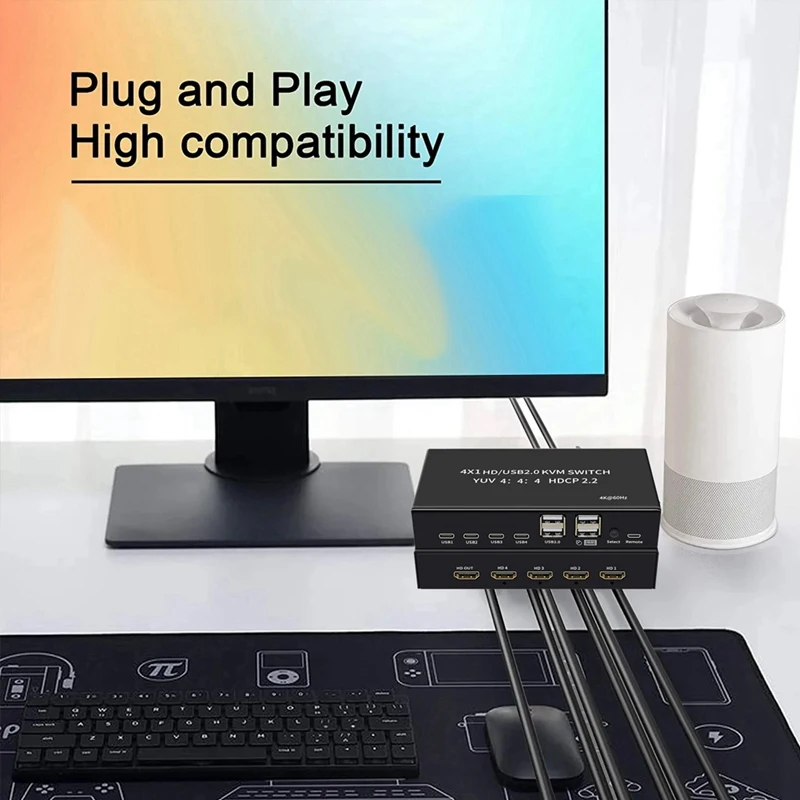 4K 60Hz -Compatible USB KVM Switcher Selector 4 In 1 Out For 4 PC Share Monitor Mouse Keyboard 4-Port USB HDCP2.2