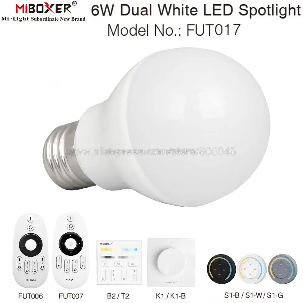 MiBoxer FUT017 E27 6W Color Temperature Adjustable 2700-6500K CCT Dual White LED Bulb 2.4G Remote Tuya WiFi APP Voice Control